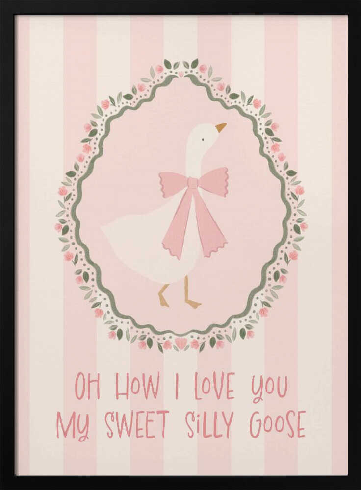 Framed Sweet Silly Goose bird nursery print displayed in a soft pink baby room.
