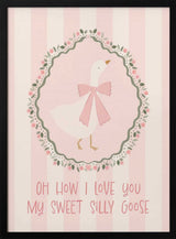 Framed Sweet Silly Goose bird nursery print displayed in a soft pink baby room.