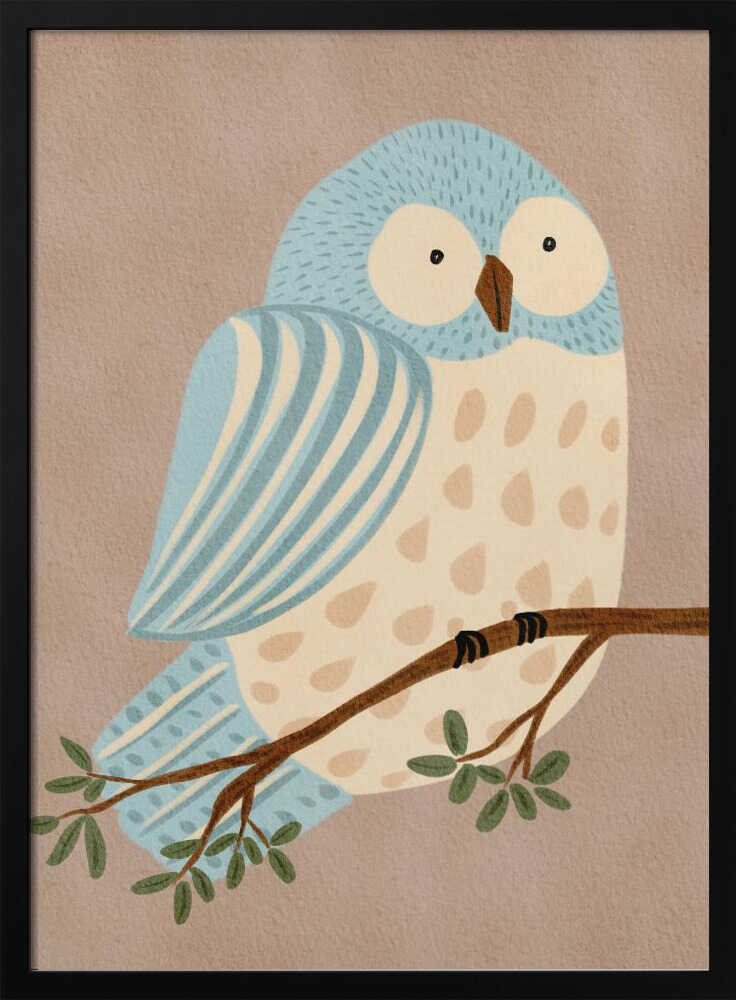 Framed Whimsical Blue Owl bird nursery print displayed in a woodland-themed nursery.