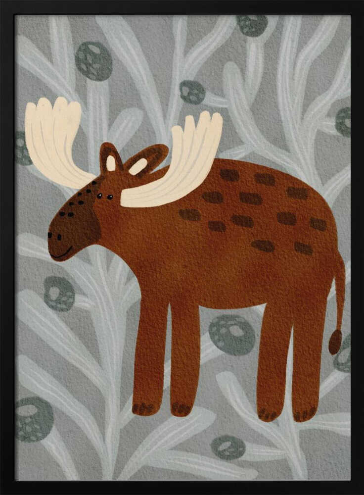Framed Cute Woodland Moose print displayed in a Scandinavian-style nursery.