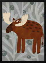 Framed Cute Woodland Moose print displayed in a Scandinavian-style nursery.