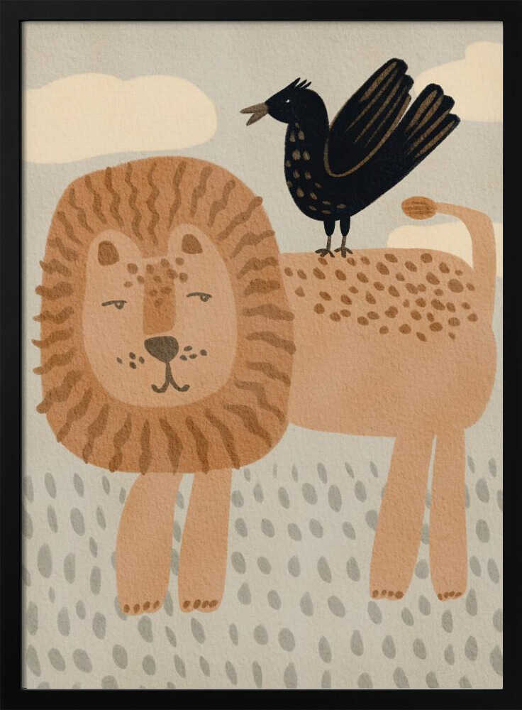 Framed Friendly Lion And Bird safari nursery print displayed in a calm baby room.