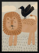 Framed Friendly Lion And Bird safari nursery print displayed in a calm baby room.