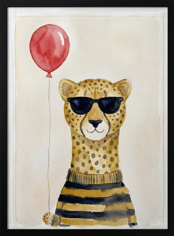Framed Cool Cheetah Balloon animal nursery print displayed in a playful baby room.