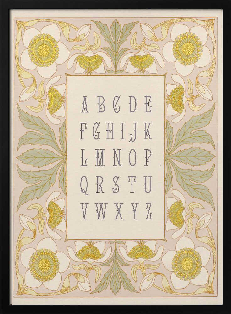 Framed Elegant Floral Alphabet print displayed in a vintage botanical nursery.