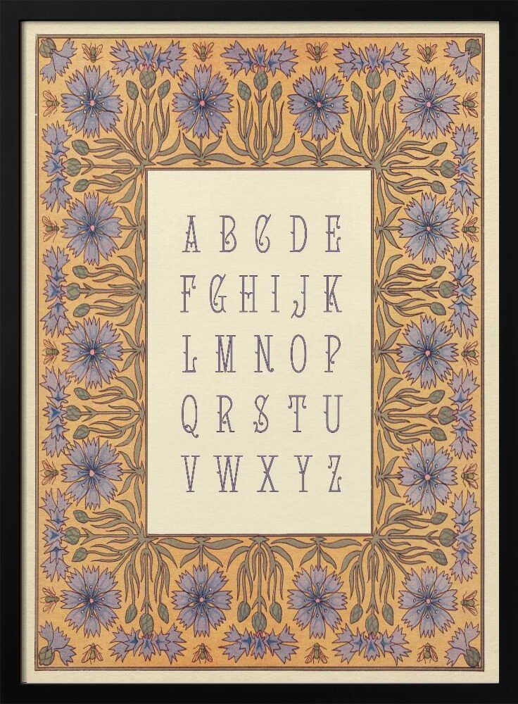 Framed Elegant Botanical Alphabet print displayed in a vintage-style nursery.