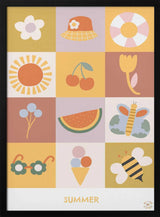 Framed Happy Summer Elements nursery print displayed in a bright, colourful playroom.