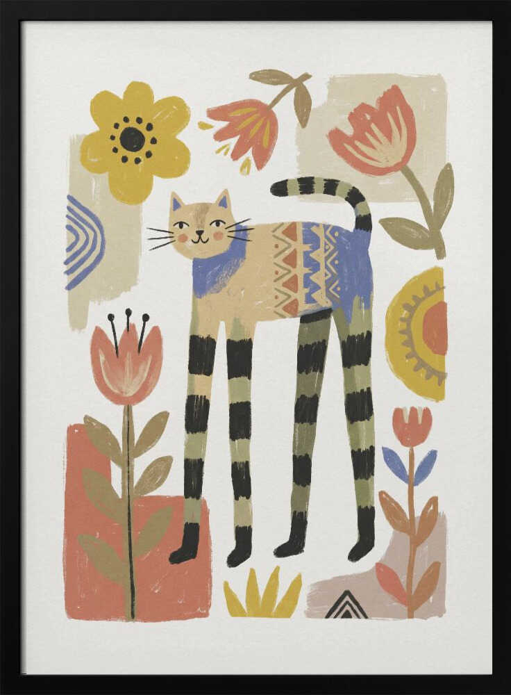 Framed Whimsical Folk Cat animal nursery print displayed in a bohemian nursery.
