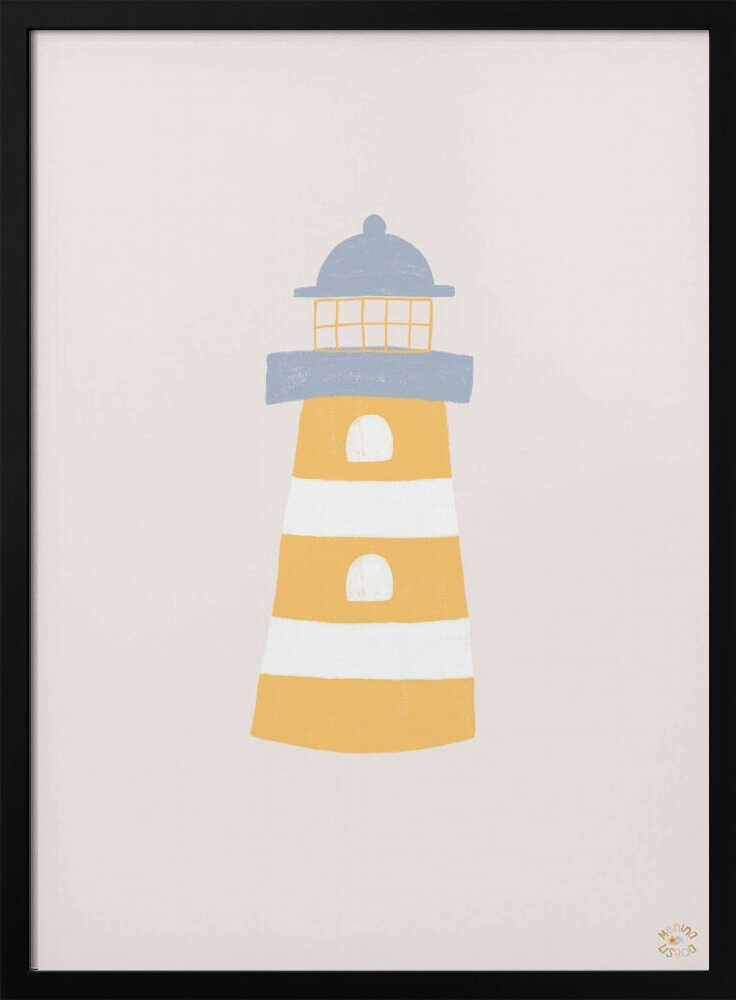 Framed Coastal Striped Lighthouse nursery print displayed in a coastal-themed baby room.