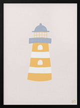Framed Coastal Striped Lighthouse nursery print displayed in a coastal-themed baby room.