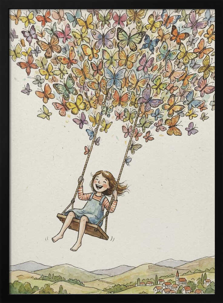 Framed Joyful Butterfly Swing kids wall art print displayed in a playroom setting.