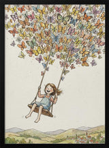 Framed Joyful Butterfly Swing kids wall art print displayed in a playroom setting.