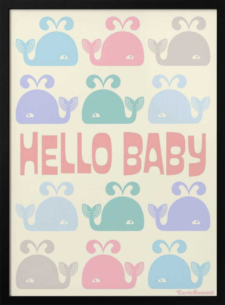 Framed Hello Baby Whales ocean nursery print displayed above a cot.
