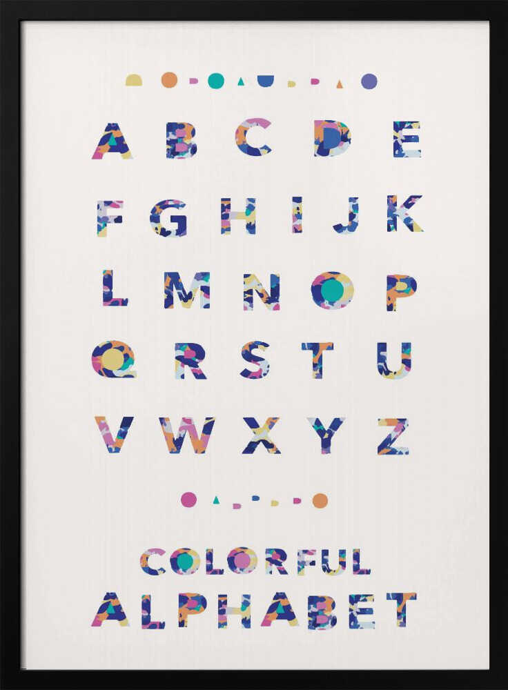 Framed Colorful Abstract Alphabet print displayed in a playroom setting.