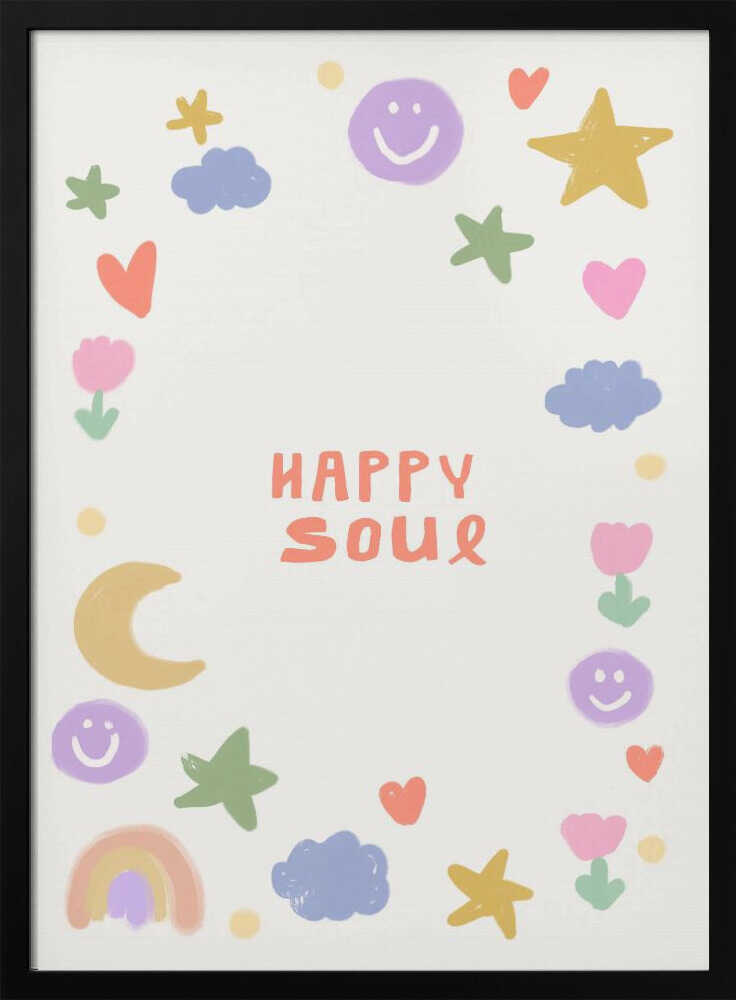 Framed Cute Happy Soul nursery wall art displayed in a modern Scandinavian baby room.