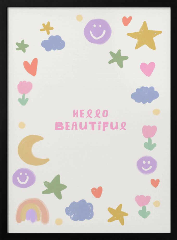 Framed Hello Beautiful Whimsical nursery print displayed in a soft pastel baby room.