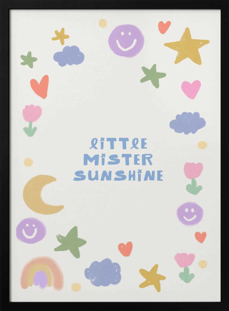 Framed Little Mister Sunshine nursery print displayed above a changing table.