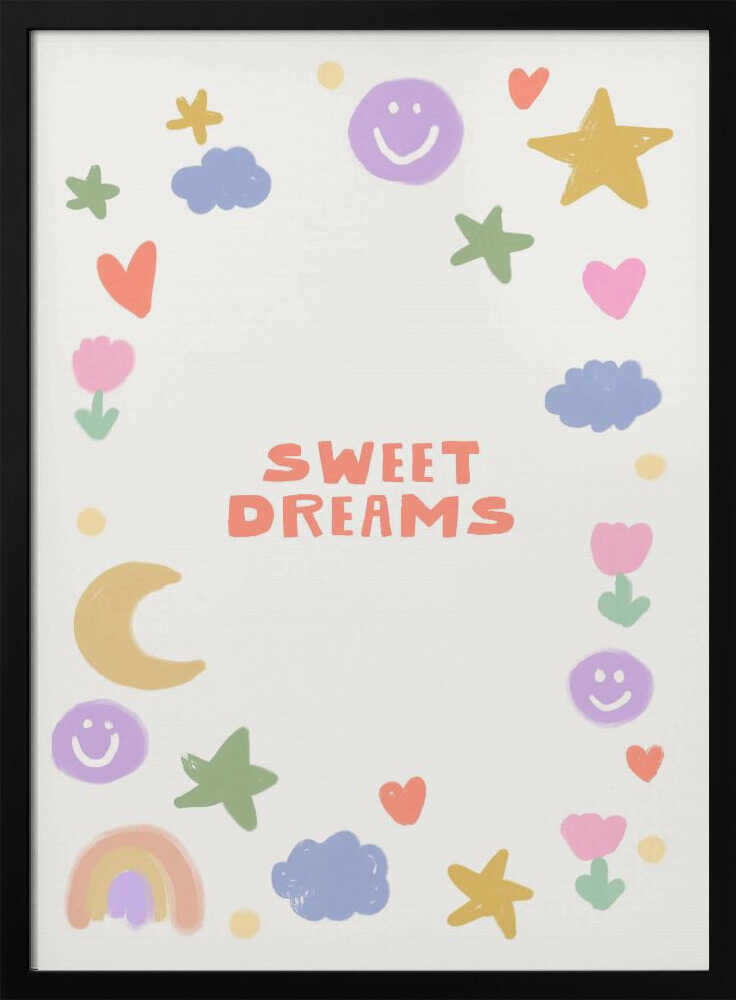 Framed Sweet Dreams Happy Doodles nursery print displayed in a Scandinavian-style nursery.
