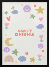 Framed Sweet Dreams Happy Doodles nursery print displayed in a Scandinavian-style nursery.