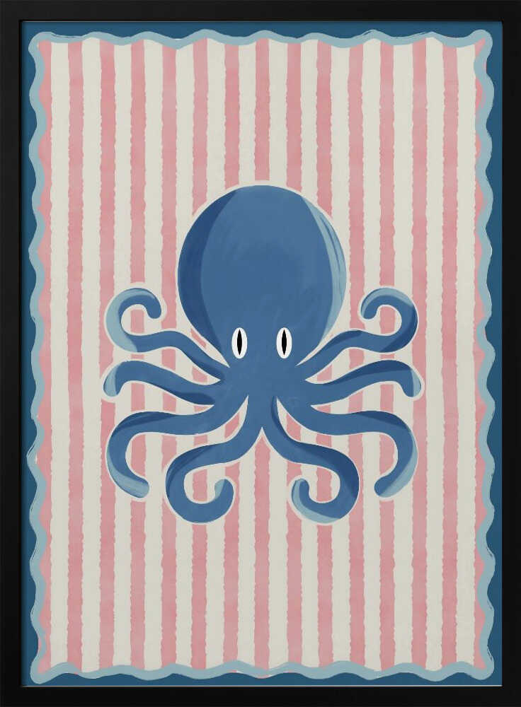 Framed Playful Blue Octopus ocean nursery print displayed in a nautical-themed baby room.