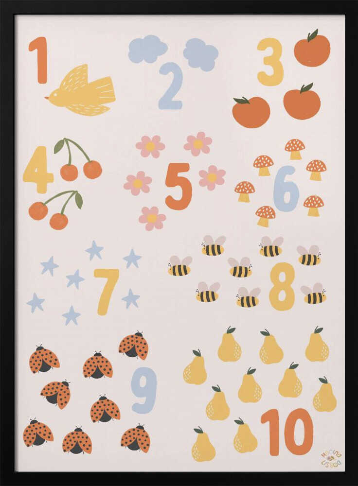 Framed Whimsical Counting Chart educational nursery print displayed in a playroom setting.