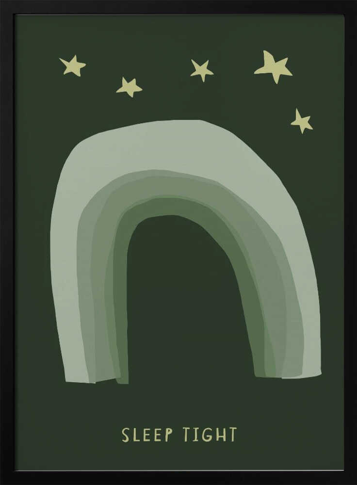 Framed Sleep Tight Stars rainbow nursery wall art print displayed above a cot in a calm baby room.