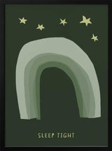 Framed Sleep Tight Stars rainbow nursery wall art print displayed above a cot in a calm baby room.