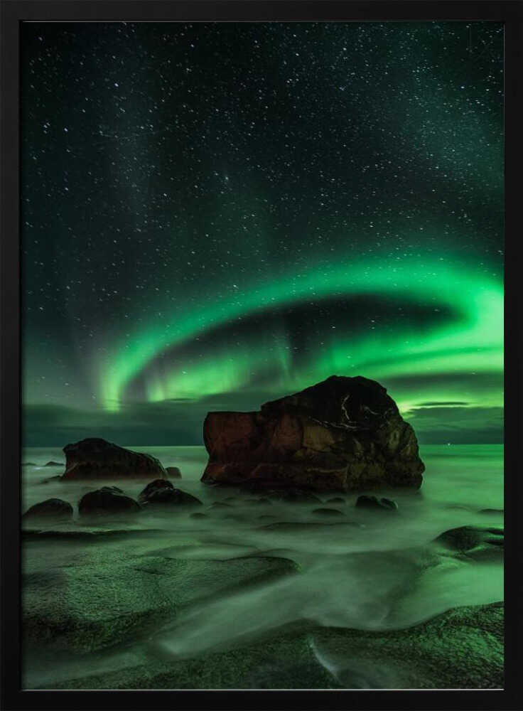 Green Aurora Ocean Rocks Art Print UK — Dark Moody Calm Wall Art — Bedroom — Wall It All Prints