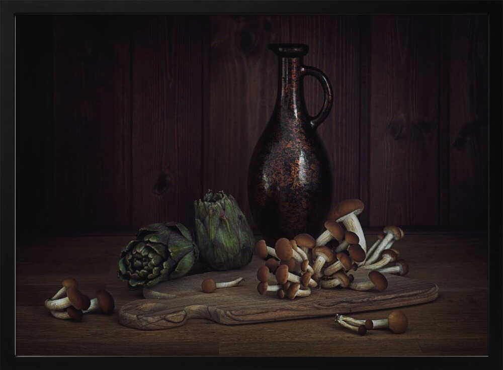 Artichokes And Mushrooms Still Life Art Print UK — Dark Moody Dark Wall Art — Kitchen — Wall It All Prints