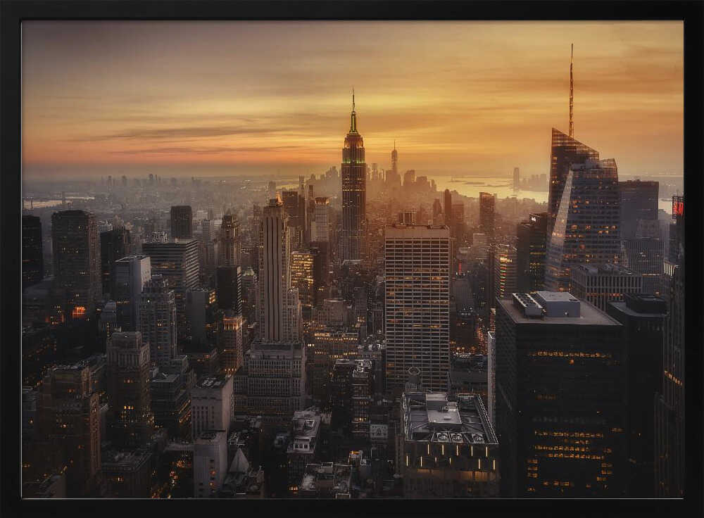 Golden Manhattan Skyline Art Print UK — Dark Moody Minimal Wall Art — Living Room — Wall It All Prints