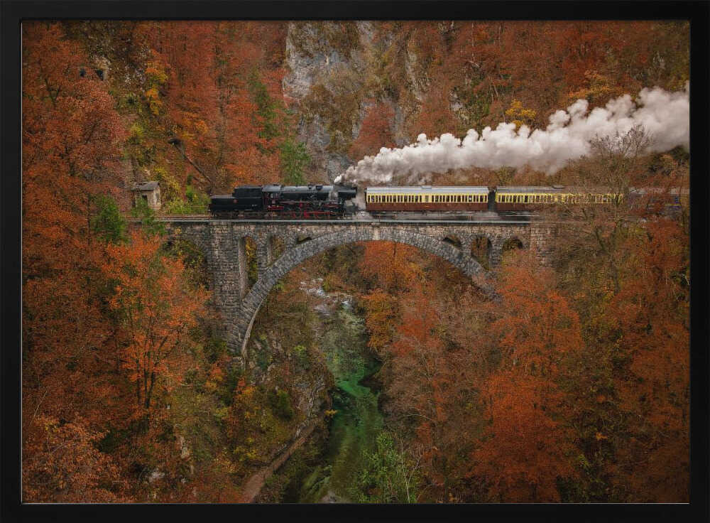 Autumn Steam Train Bridge Art Print UK — Landscape Vibrant Wall Art — Living Room — Wall It All Prints