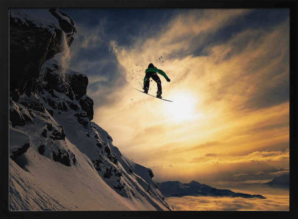 Snowboarder Sunset Jump Art Print UK — Dark Moody Warm Wall Art — Living Room — Wall It All Prints