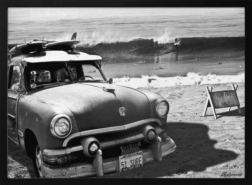 Vintage Car Surf Beach Art Print UK — Landscape Dark Wall Art — Living Room — Wall It All Prints