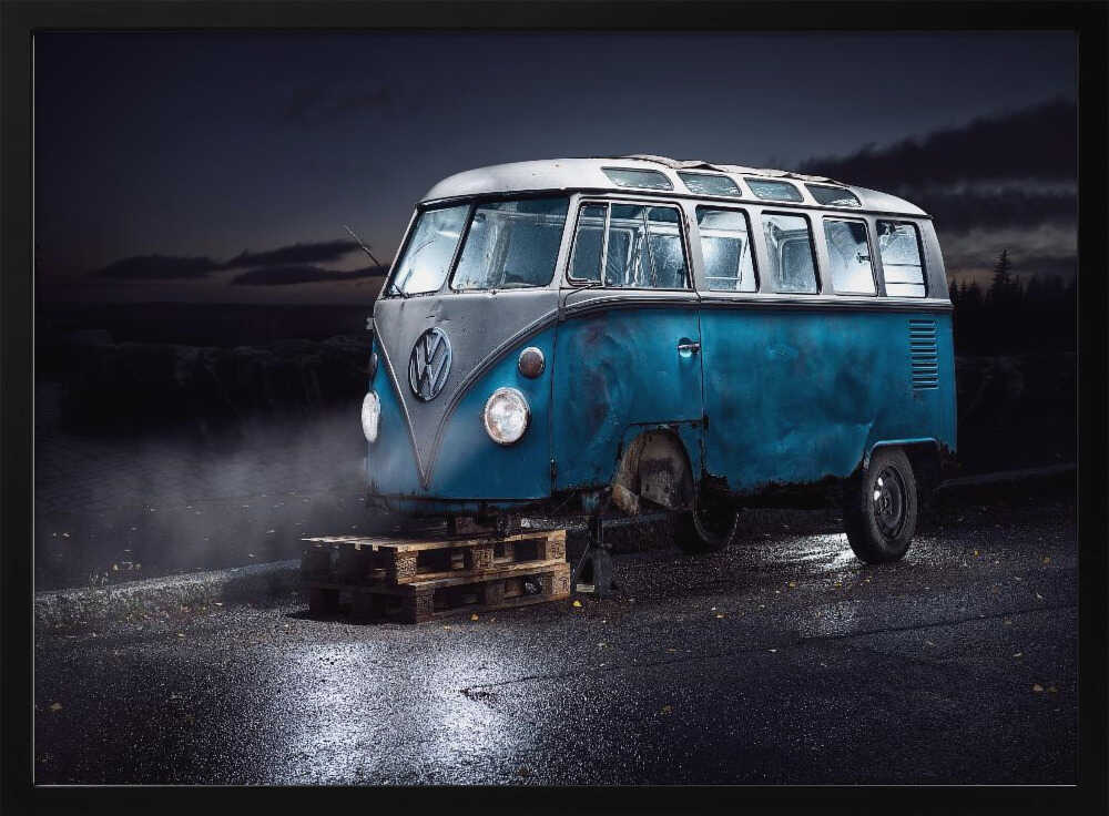 Vintage Blue Van Night Art Print UK — Dark Moody Dark Wall Art — Living Room — Wall It All Prints