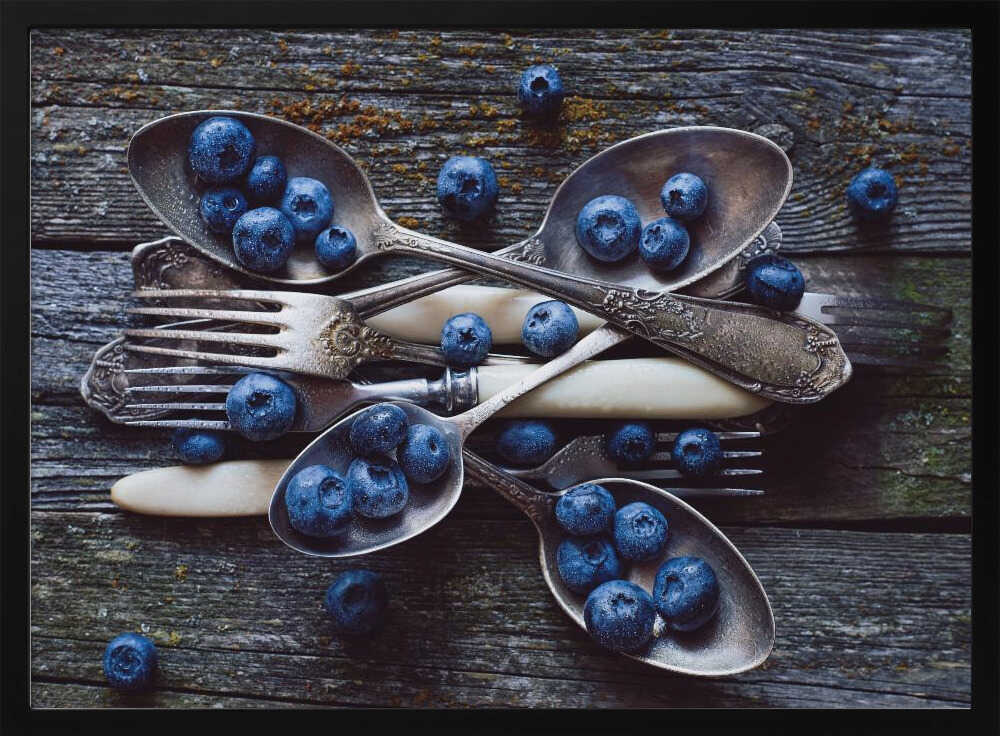 Blueberries and Vintage Silver Art Print UK — Dark Moody Dark Wall Art — Kitchen — Wall It All Prints