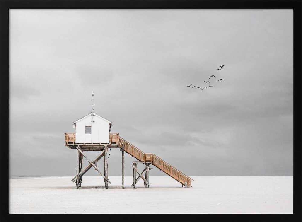 Serene Coastal Stilt House Art Print UK — Abstract Calm Wall Art — Bedroom — Wall It All Prints