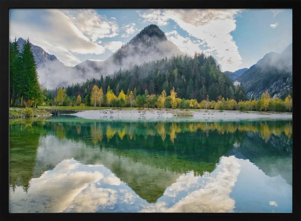 Misty Mountain Lake Reflection Art Print UK — Dark Moody Vibrant Wall Art — Bedroom — Wall It All Prints