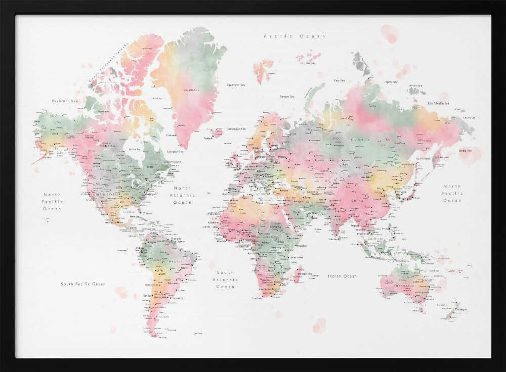 Soft Watercolor World Map Art Print UK — Animal Vibrant Wall Art — Nursery — Wall It All Prints