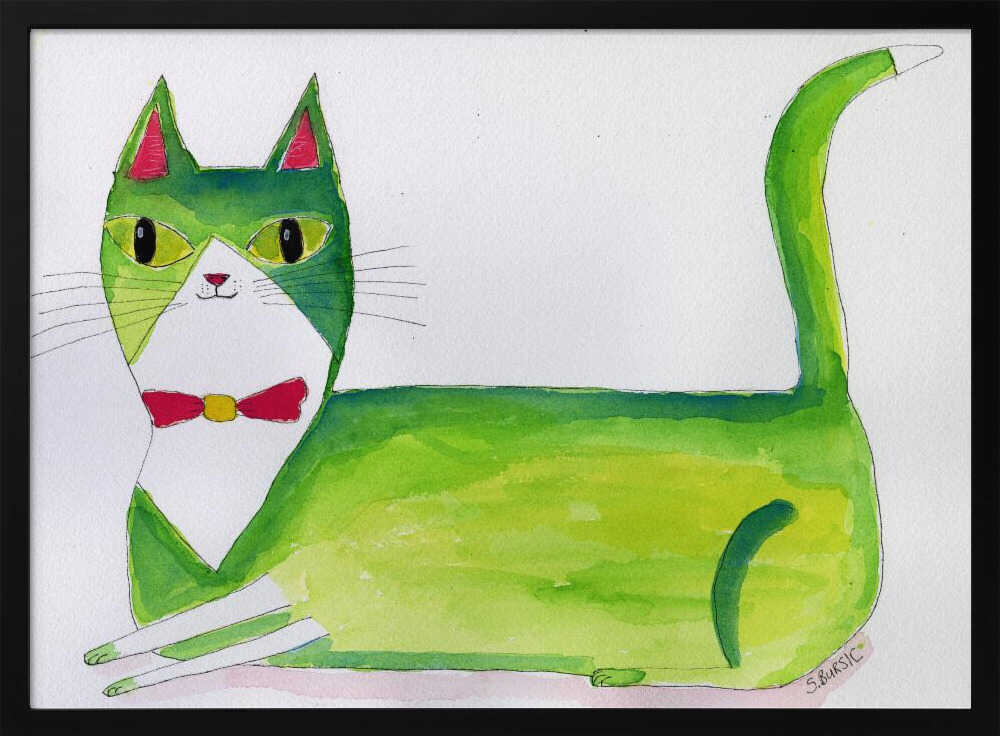 Green Bow Tie Cat Art Print UK — Animal Vibrant Wall Art — Living Room — Wall It All Prints