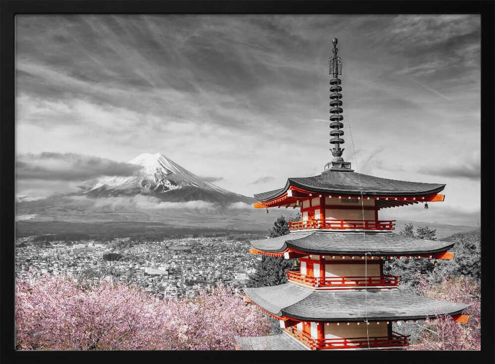 Cherry Blossoms Mount Fuji Pagoda Art Print UK — Japanese Vibrant Wall Art — Living Room — Wall It All Prints