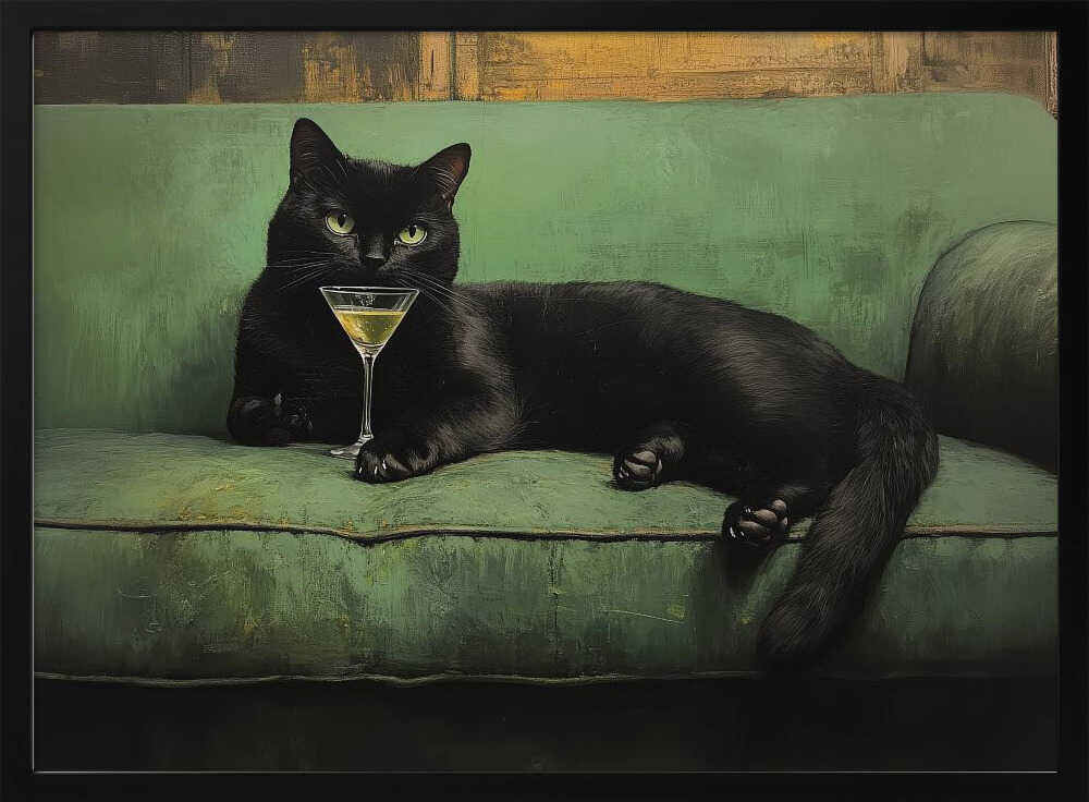 Resting Cat Green Sofa Martini 001 Art Print UK — Animal Dark Wall Art — Living Room — Wall It All Prints