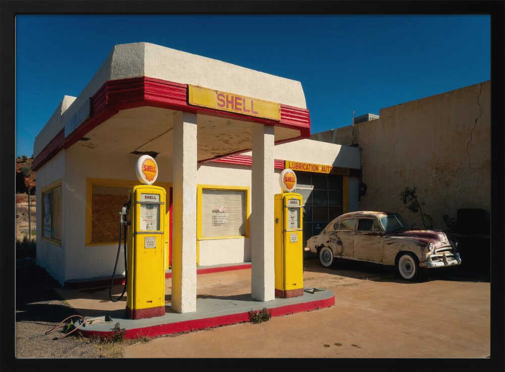Vintage Gas Station Car Art Print UK — Landscape Vibrant Wall Art — Living Room — Wall It All Prints
