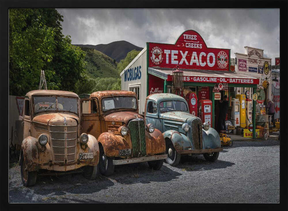 Vintage Gas Station Trucks Art Print UK — Landscape Vibrant Wall Art — Living Room — Wall It All Prints