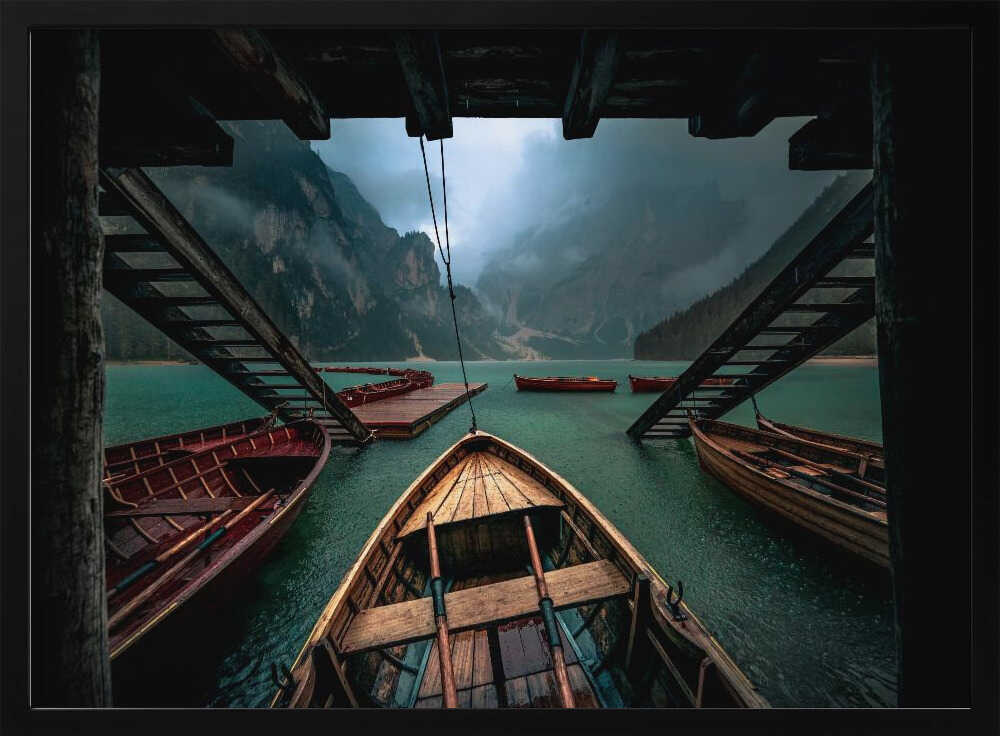 Misty Mountain Lake Boats Art Print UK — Dark Moody Calm Wall Art — Bedroom — Wall It All Prints
