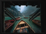 Misty Mountain Lake Boats Art Print UK — Dark Moody Calm Wall Art — Bedroom — Wall It All Prints