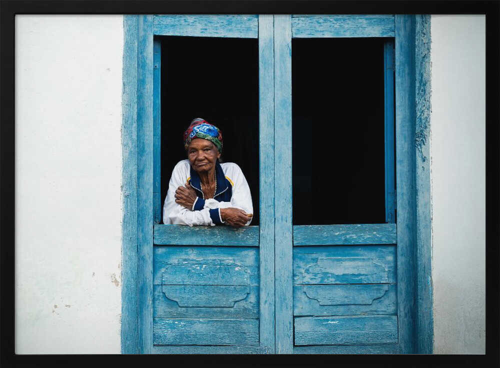 Elderly Woman in Blue Window Art Print UK — Dark Moody Vibrant Wall Art — Living Room — Wall It All Prints