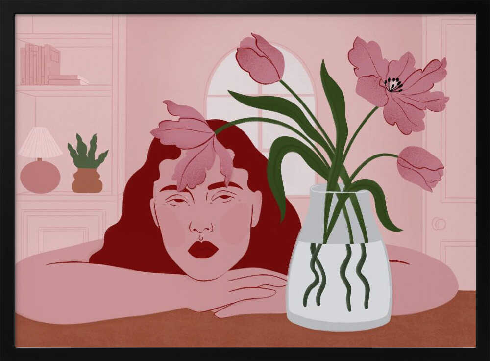 Pensive Woman and Tulips Art Print UK — Botanical Calm Wall Art — Living Room — Wall It All Prints