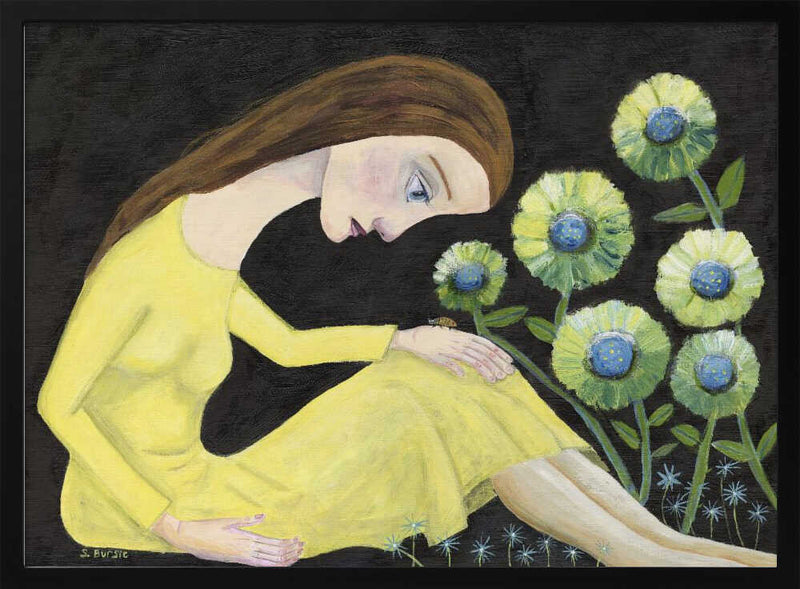 Lady With Lady Bug in yellow dress with flowers
