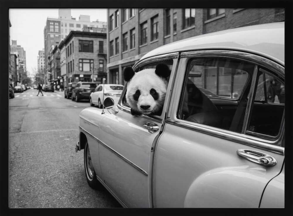 Panda in a Classic Car Art Print UK — Vintage Dark Wall Art — Nursery — Wall It All Prints