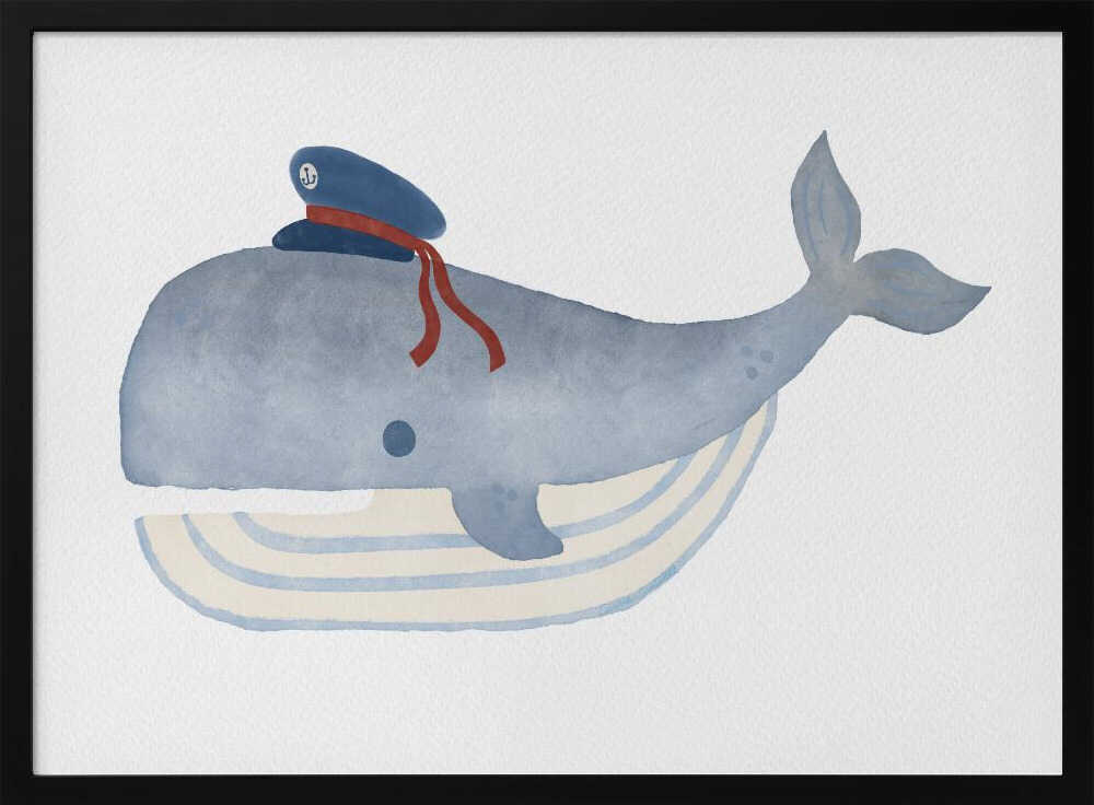 Framed Little Captain Whale ocean nursery print displayed in a nautical baby room.